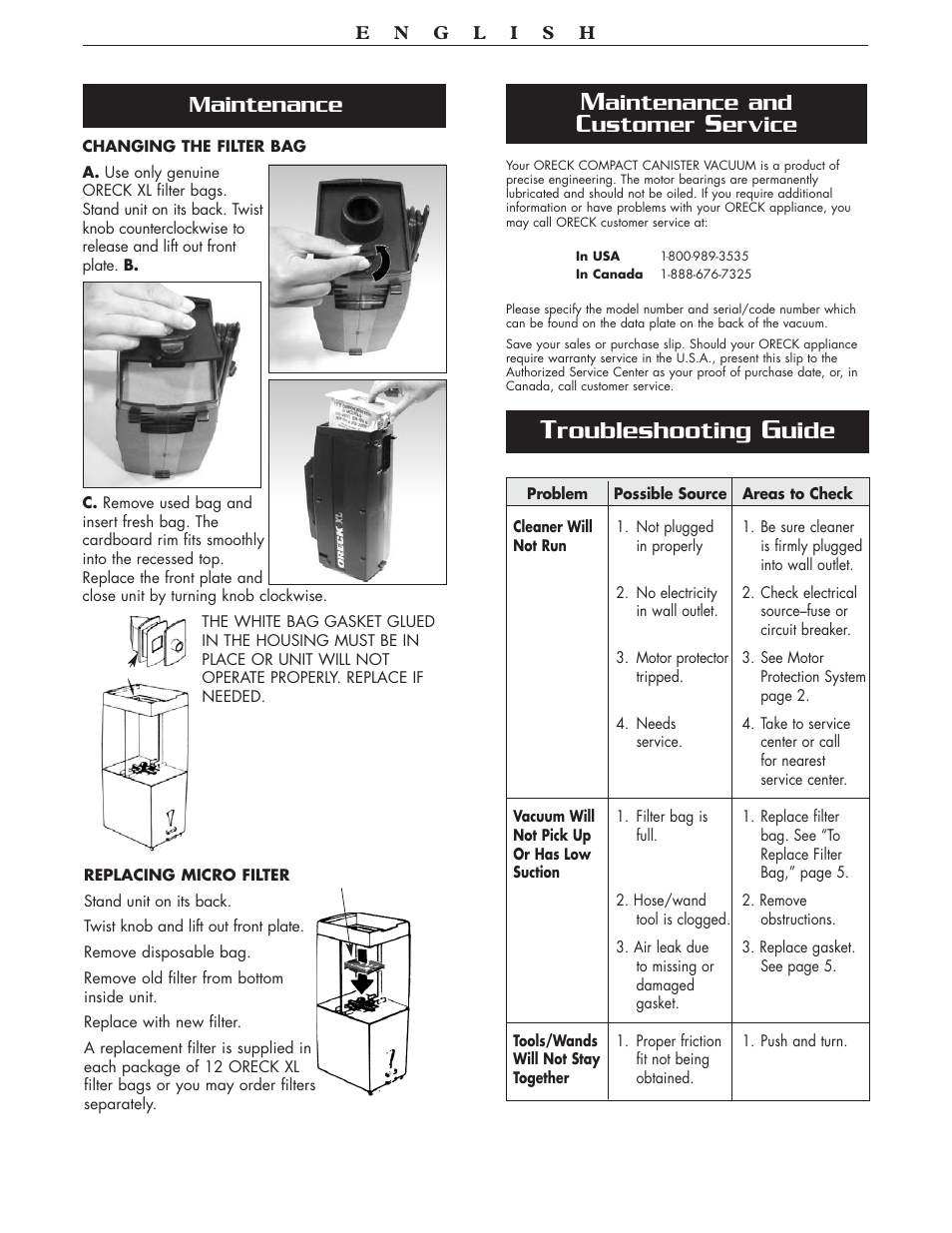 Roubleshooting, Uide, Aintenance and | Ustomer, Ervice, Maintenance | Oreck BB870-AW User Manual | Page 5 / 16