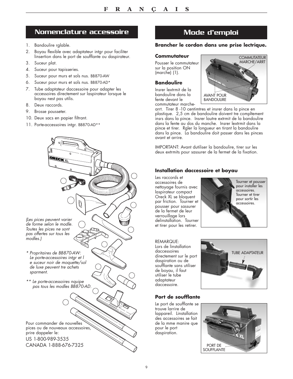 Ode d’emploi, Nomenclature accessoire | Oreck BB870-AW User Manual | Page 9 / 16