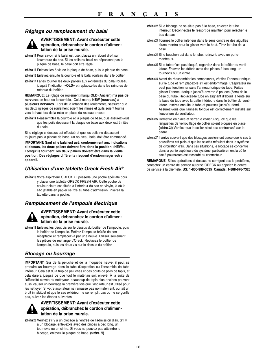 Réglage ou remplacement du balai, Utilisation d’une tablette oreck fresh air, Remplacement de l’ampoule électrique | Blocage ou bourrage | Oreck XL3900H2 User Manual | Page 11 / 16