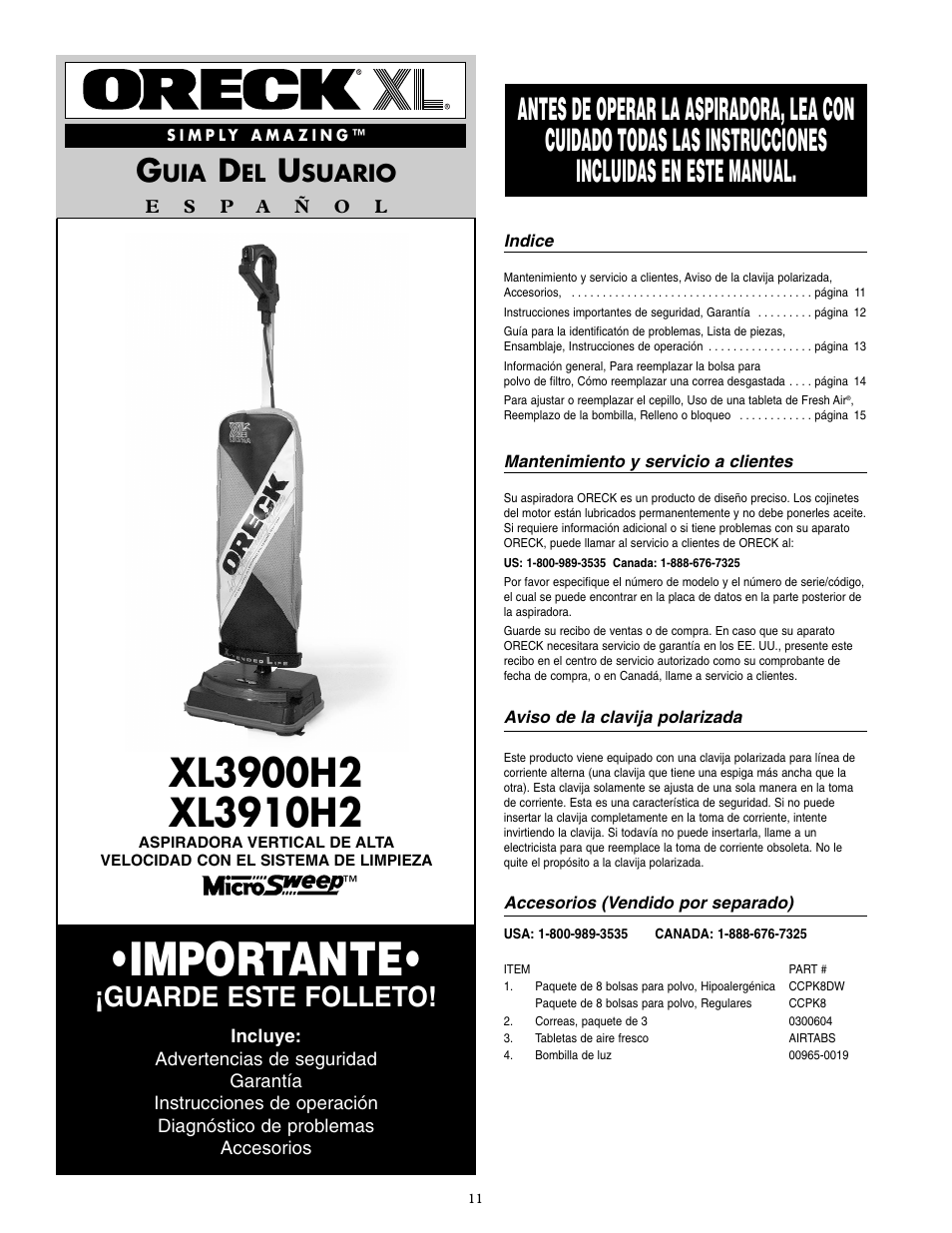 Importante, Guarde este folleto, Suario | Oreck XL3900H2 User Manual | Page 12 / 16