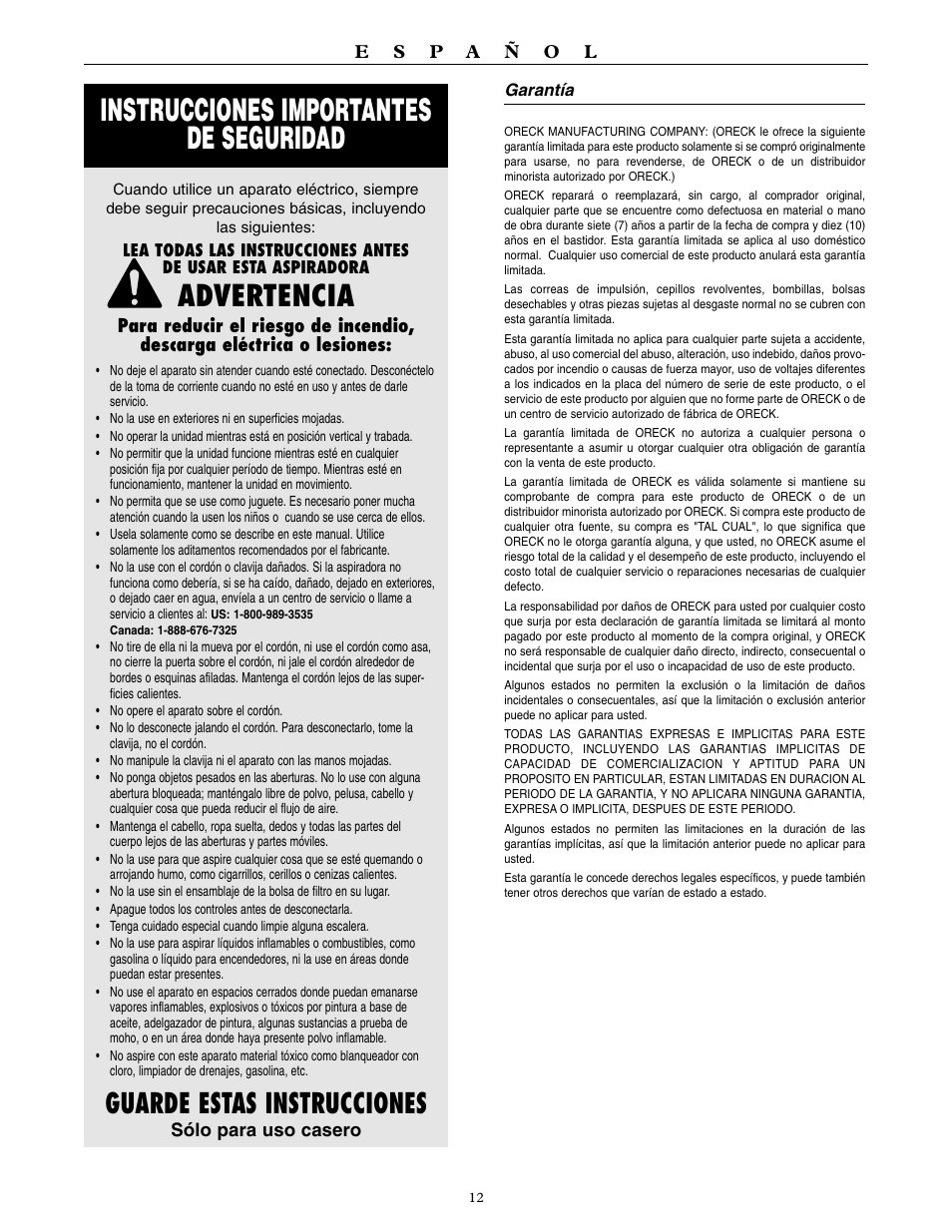 Instrucciones importantes de seguridad, Advertencia, Guarde estas instrucciones | Oreck XL3900H2 User Manual | Page 13 / 16