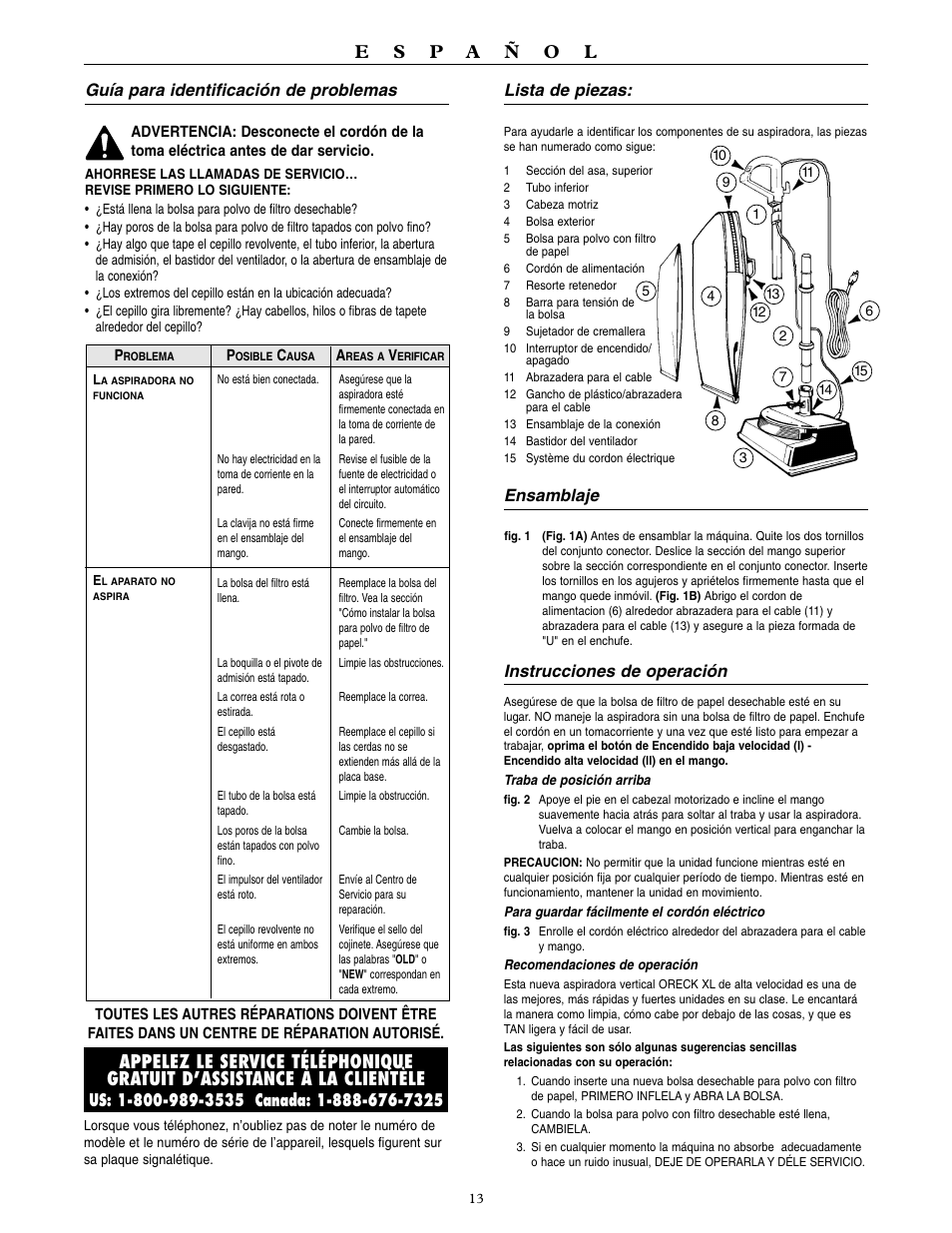 Lista de piezas, Ensamblaje, Instrucciones de operación | Guía para identificación de problemas | Oreck XL3900H2 User Manual | Page 14 / 16