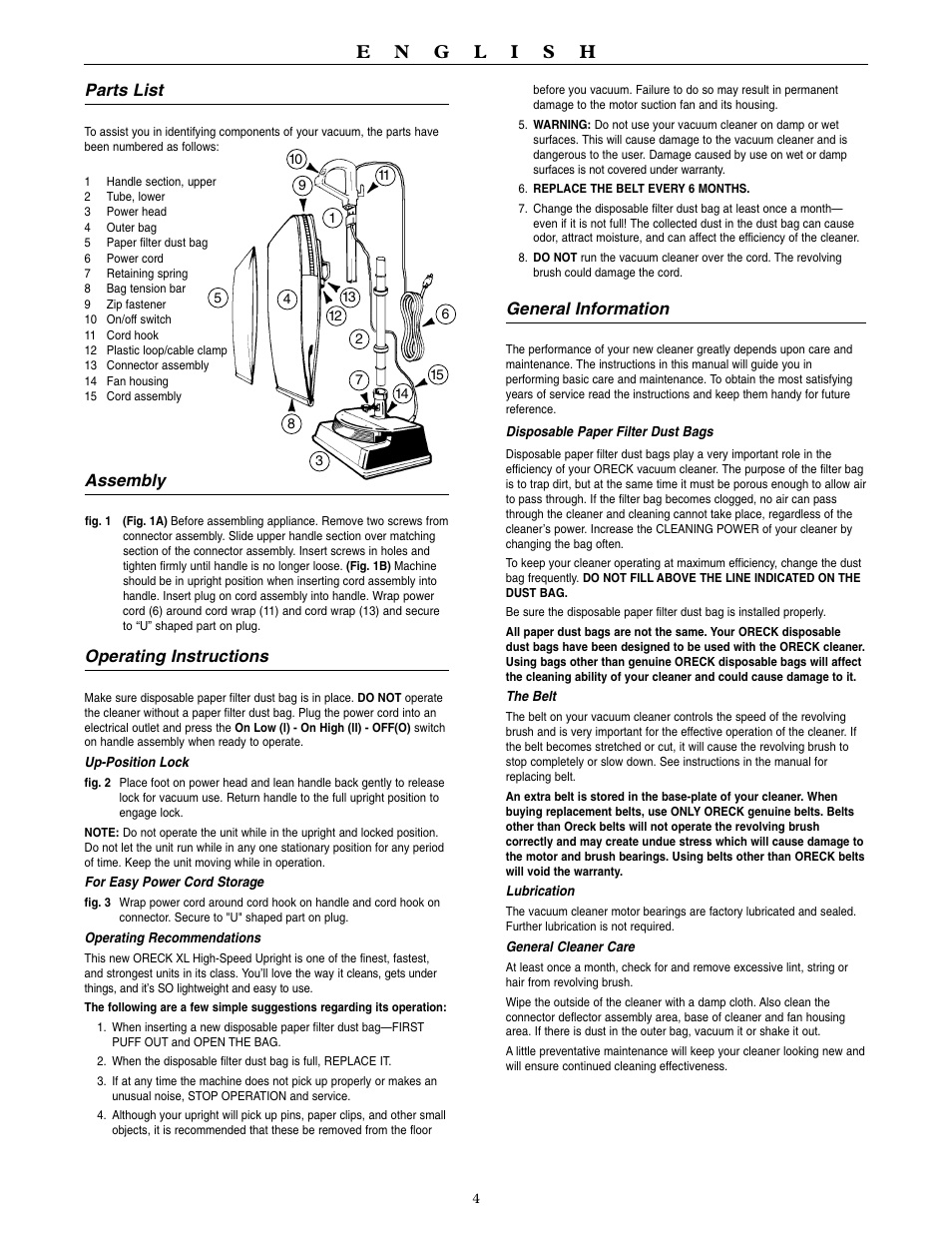Parts list, Assembly, Operating instructions | General information | Oreck XL3900H2 User Manual | Page 5 / 16