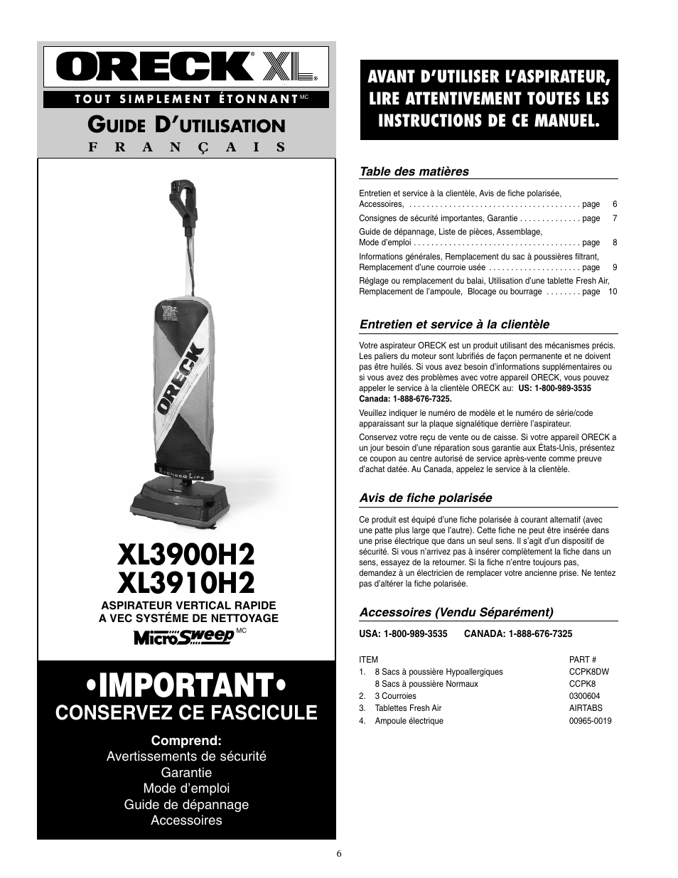 Important, Conservez ce fascicule, Uide | Utilisation | Oreck XL3900H2 User Manual | Page 7 / 16