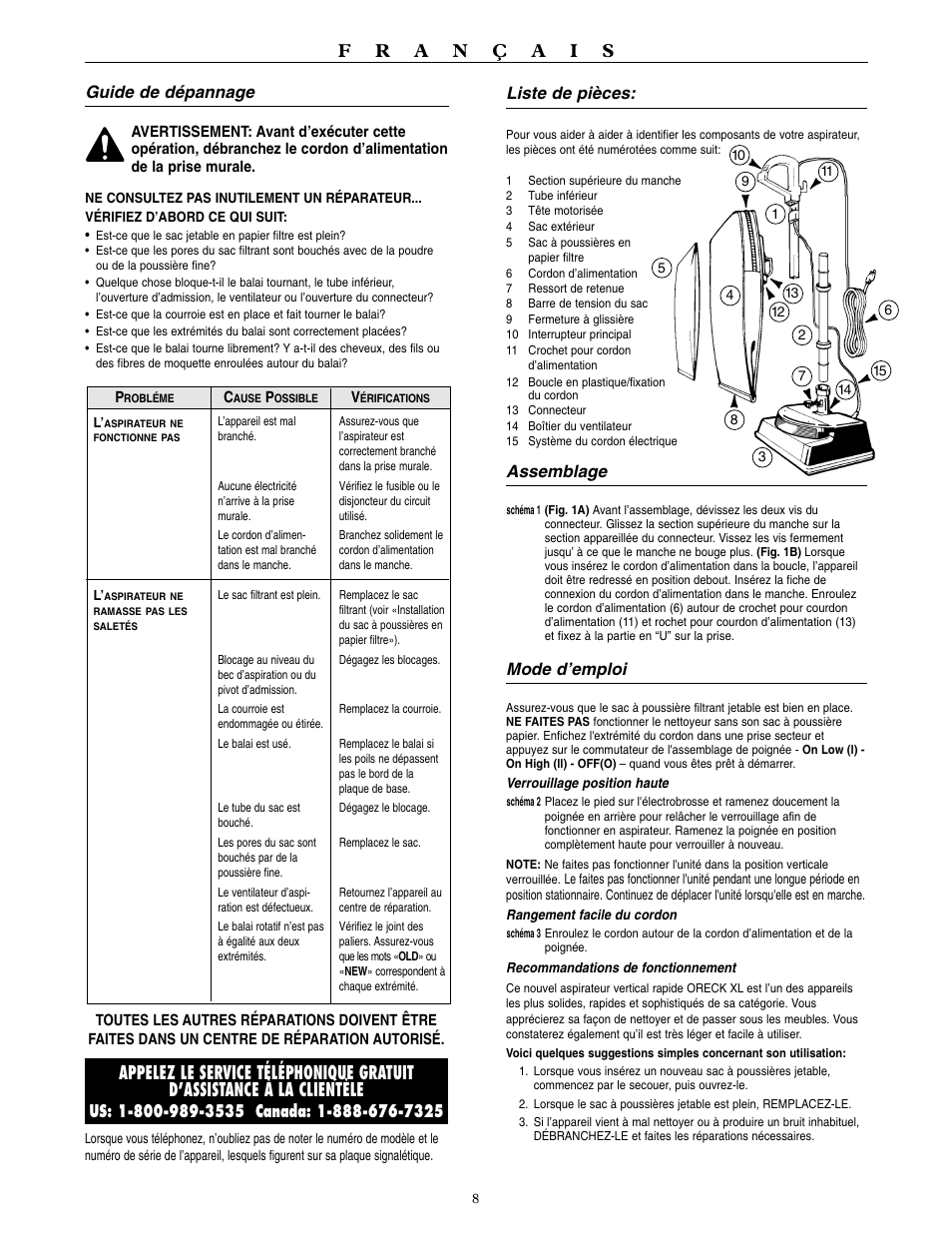 Liste de pièces, Assemblage, Mode d’emploi | Guide de dépannage | Oreck XL3900H2 User Manual | Page 9 / 16