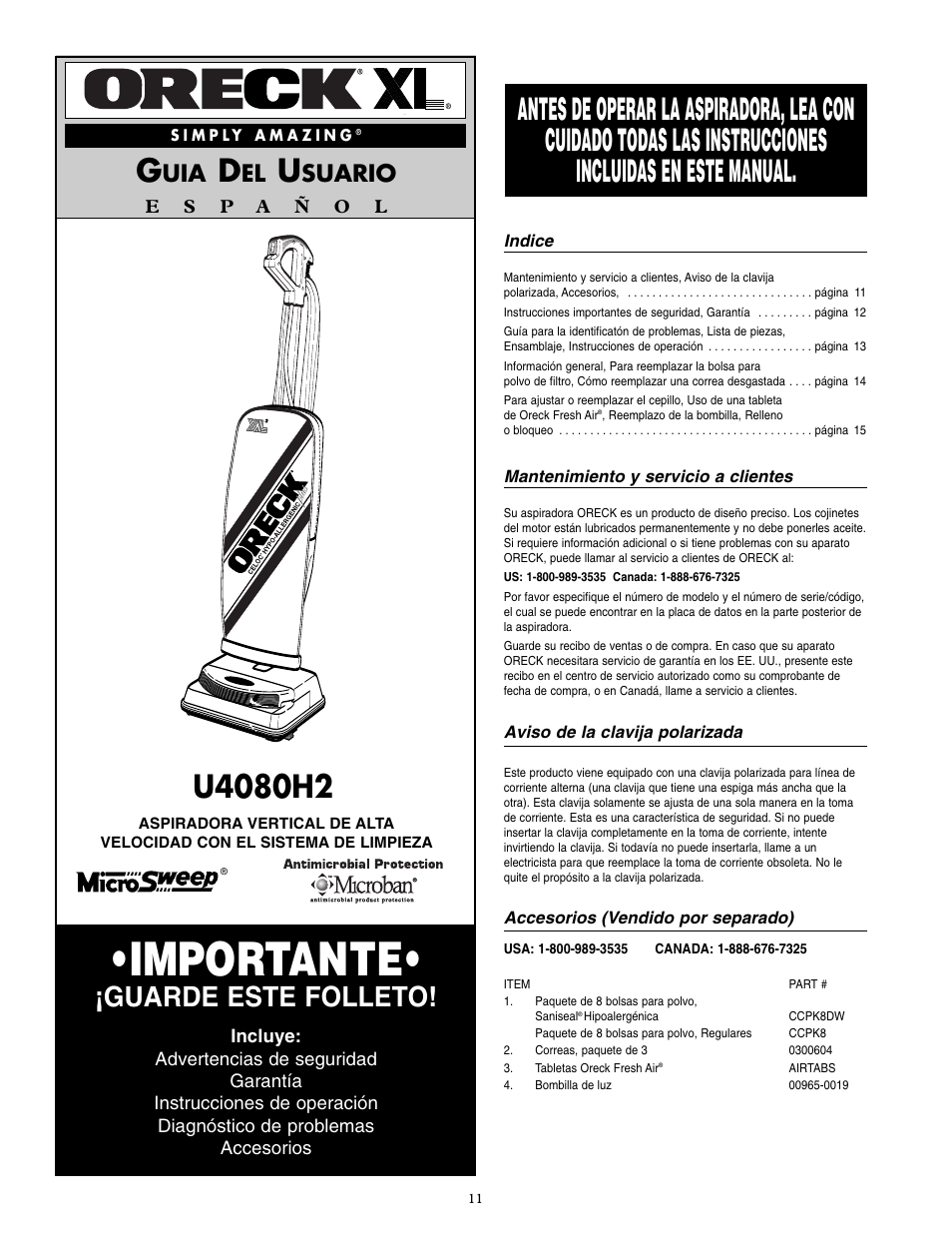 Importante, Guarde este folleto, Suario | Oreck U4080H2 User Manual | Page 12 / 16