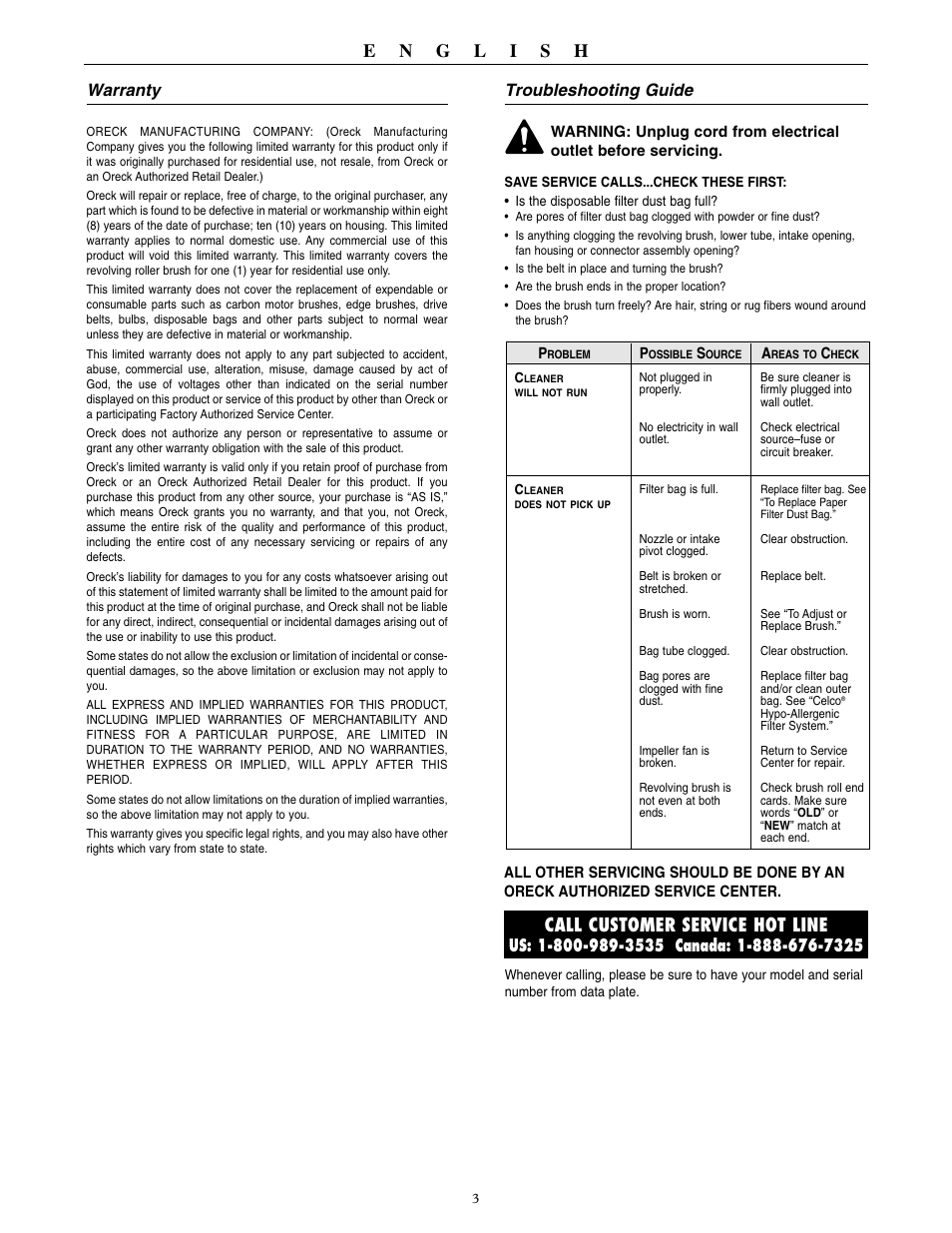 Call customer service hot line, Warranty, Troubleshooting guide | Oreck U4080H2 User Manual | Page 4 / 16