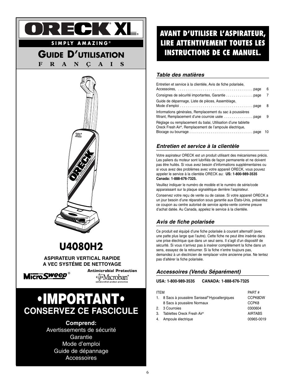 Important, Conservez ce fascicule, Uide | Utilisation | Oreck U4080H2 User Manual | Page 7 / 16