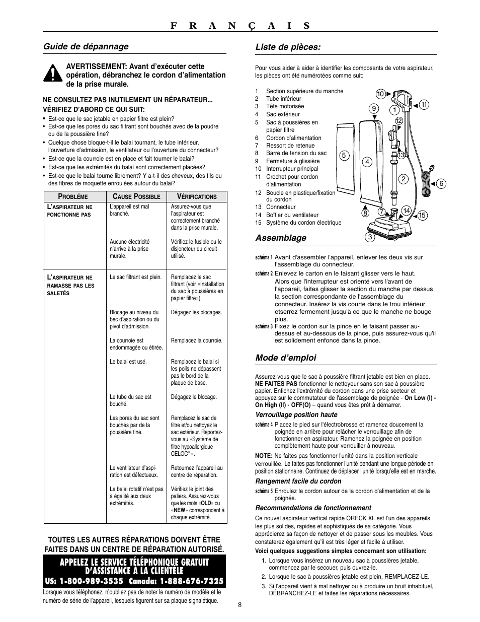 Guide de dépannage, Liste de pièces, Assemblage | Mode d’emploi | Oreck U4080H2 User Manual | Page 9 / 16