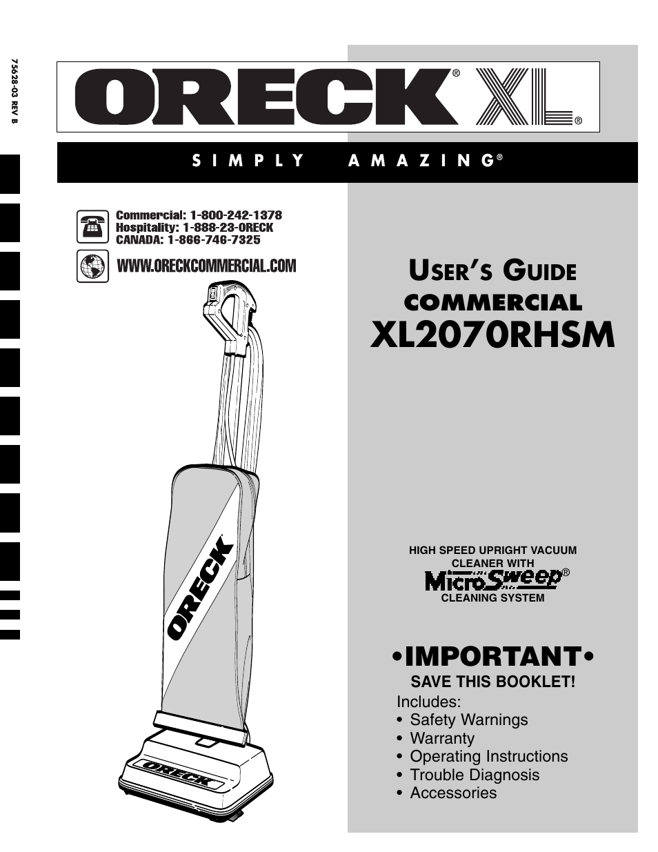 Oreck XL2070RHSM User Manual | 8 pages
