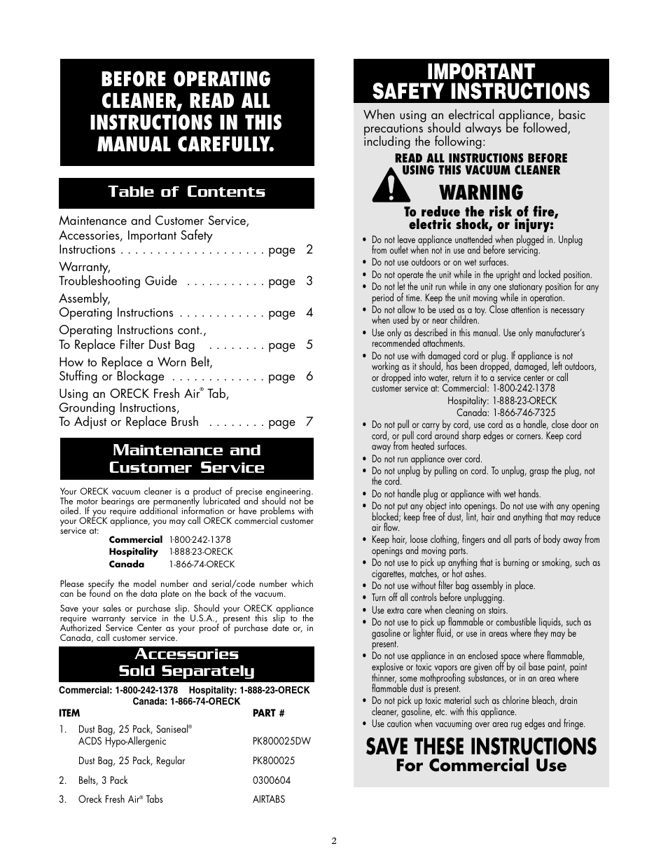 Important safety instructions, Save these instructions, Warning | For commercial use, Able of, Ontents, Aintenance and, Ustomer, Ervice, Ccessories sold separately | Oreck XL2070RHSM User Manual | Page 2 / 8
