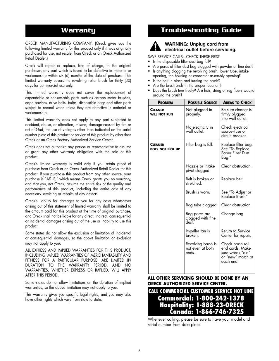 Arranty, Roubleshooting, Uide | Oreck XL2070RHSM User Manual | Page 3 / 8