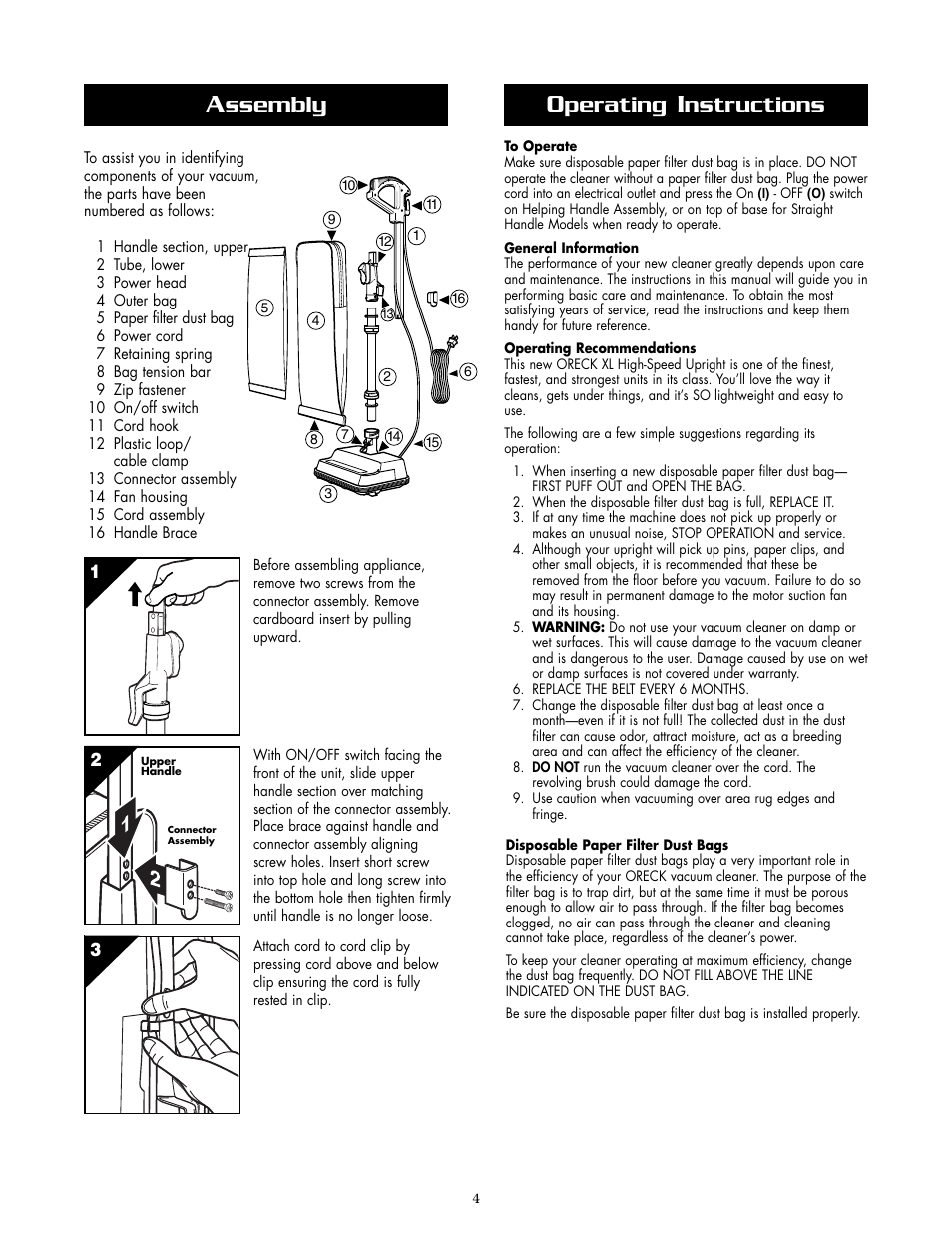 Perating, Nstructions, Ssembly | Oreck XL2070RHSM User Manual | Page 4 / 8