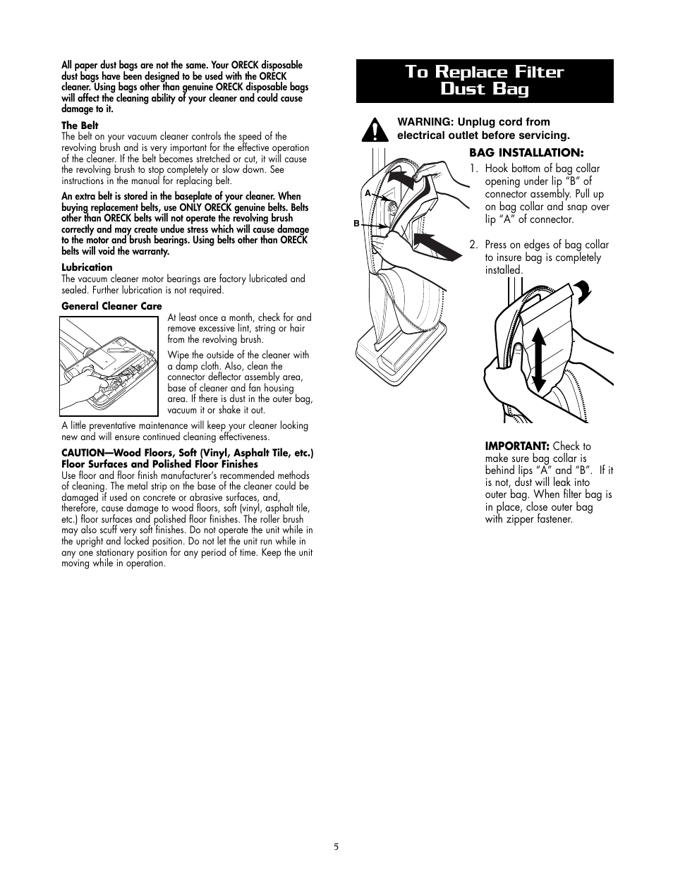 Eplace, Ilter | Oreck XL2070RHSM User Manual | Page 5 / 8