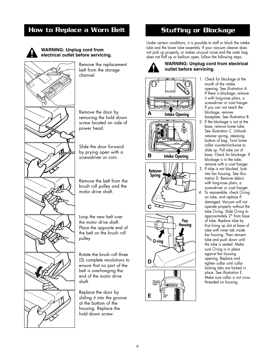 Tuffing or, Lockage, Ow to | Eplace a | Oreck XL2070RHSM User Manual | Page 6 / 8