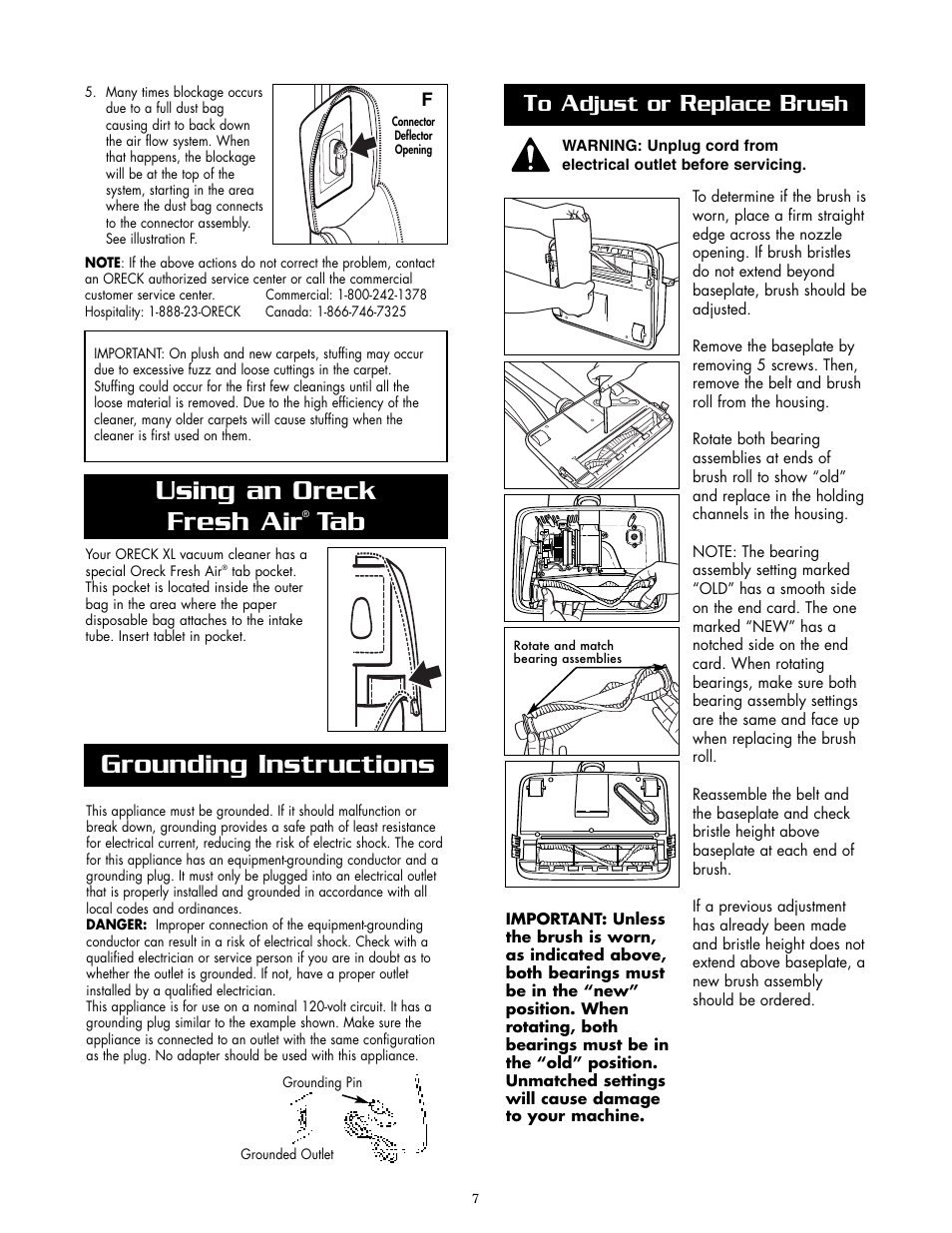 Using an oreck fresh air tab, Grounding instructions, Djust or | Eplace, Rush | Oreck XL2070RHSM User Manual | Page 7 / 8