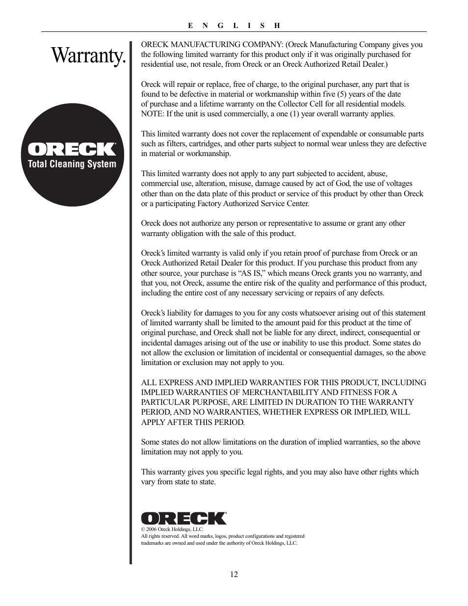 Warranty | Oreck XL Рrofessional air purifier AIRT Series User Manual | Page 12 / 24