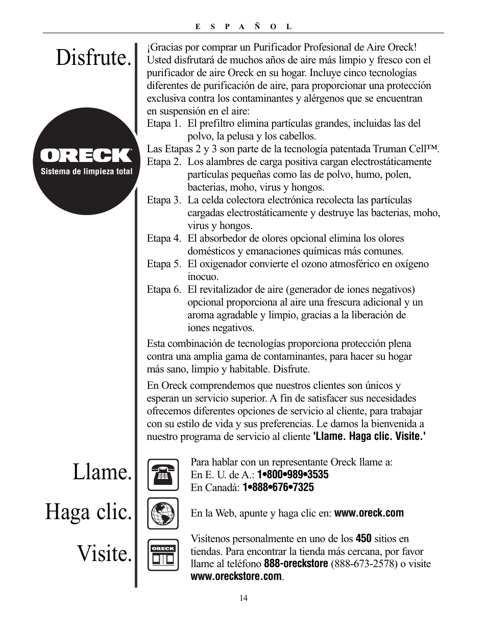 Disfrute, Llame. haga clic. visite, Other oreck accessories available at | Oreck XL Рrofessional air purifier AIRT Series User Manual | Page 14 / 24