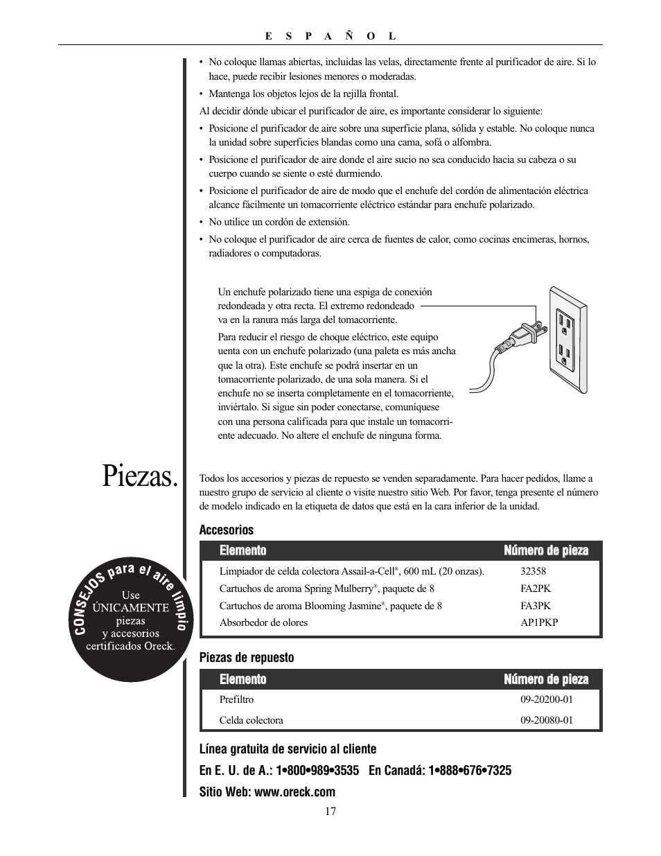 Piezas | Oreck XL Рrofessional air purifier AIRT Series User Manual | Page 17 / 24