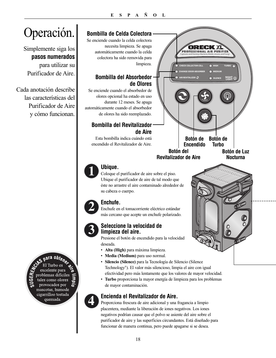 Operación | Oreck XL Рrofessional air purifier AIRT Series User Manual | Page 18 / 24