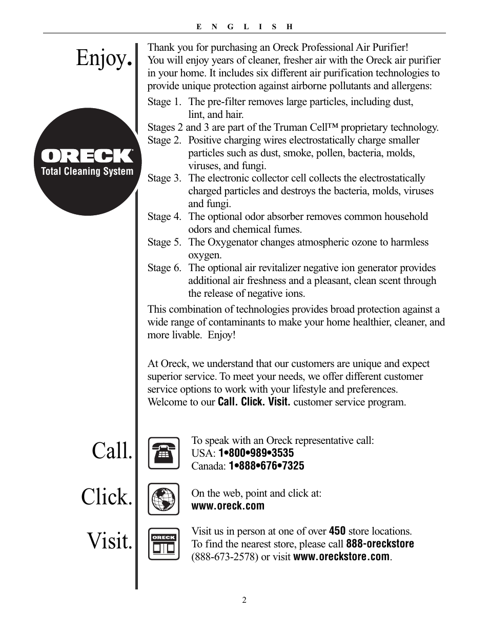 Enjoy, Call. click. visit, Other oreck accessories available at | Oreck XL Рrofessional air purifier AIRT Series User Manual | Page 2 / 24