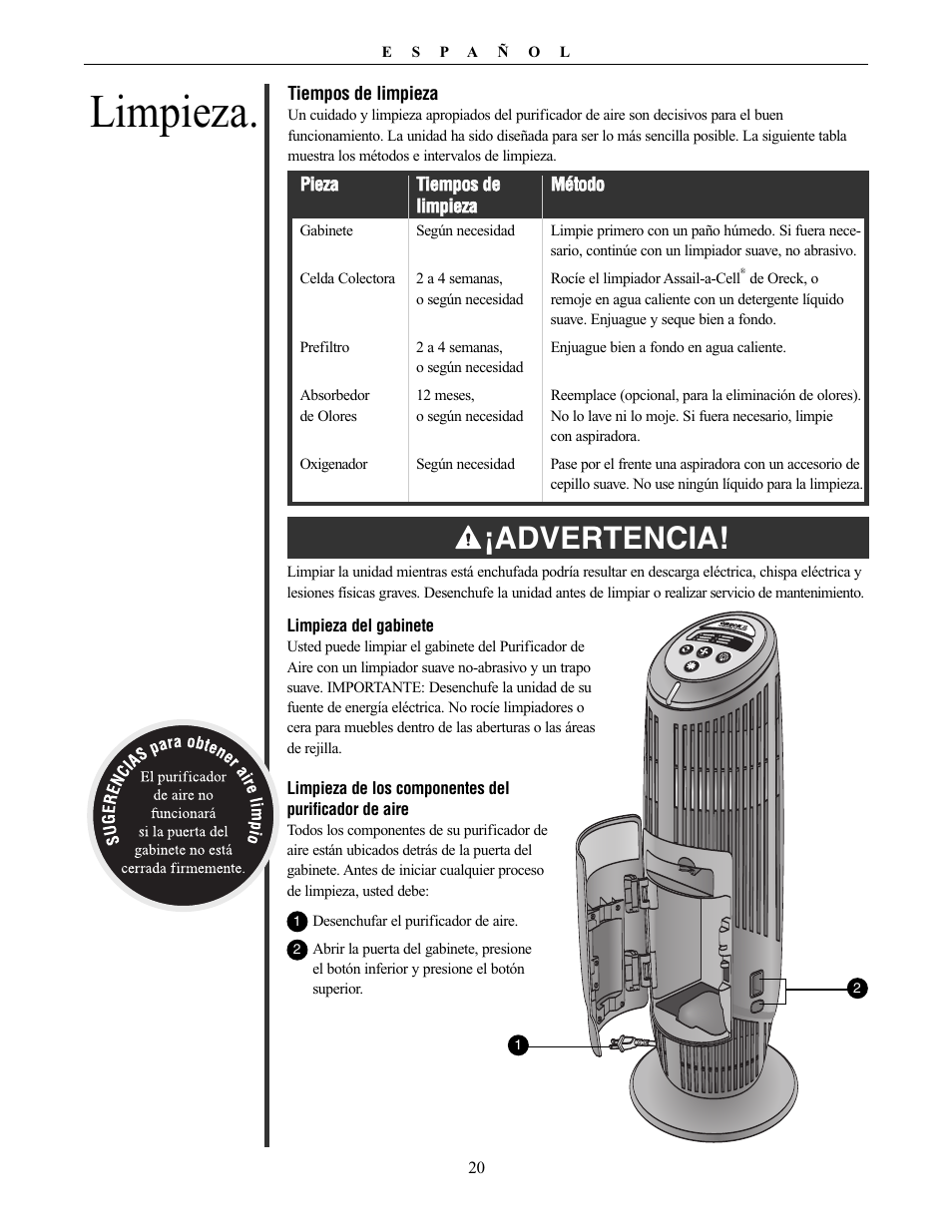 Limpieza, Advertencia | Oreck XL Рrofessional air purifier AIRT Series User Manual | Page 20 / 24