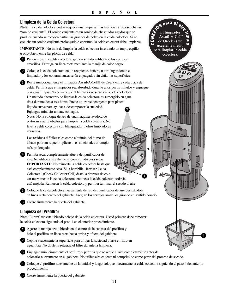Limpieza de la celda colectora, Limpieza del prefiltror | Oreck XL Рrofessional air purifier AIRT Series User Manual | Page 21 / 24
