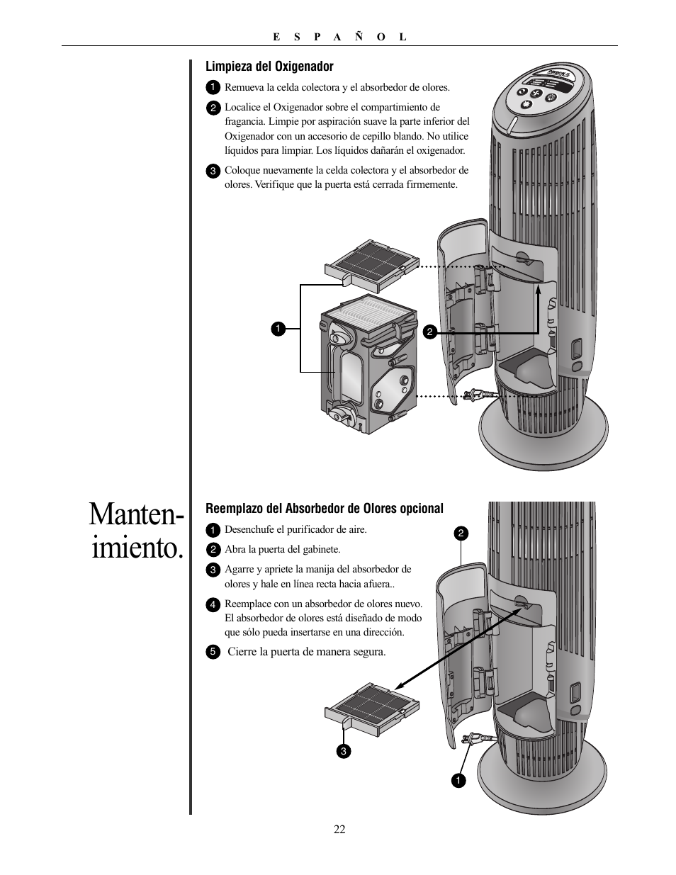 Manten- imiento | Oreck XL Рrofessional air purifier AIRT Series User Manual | Page 22 / 24