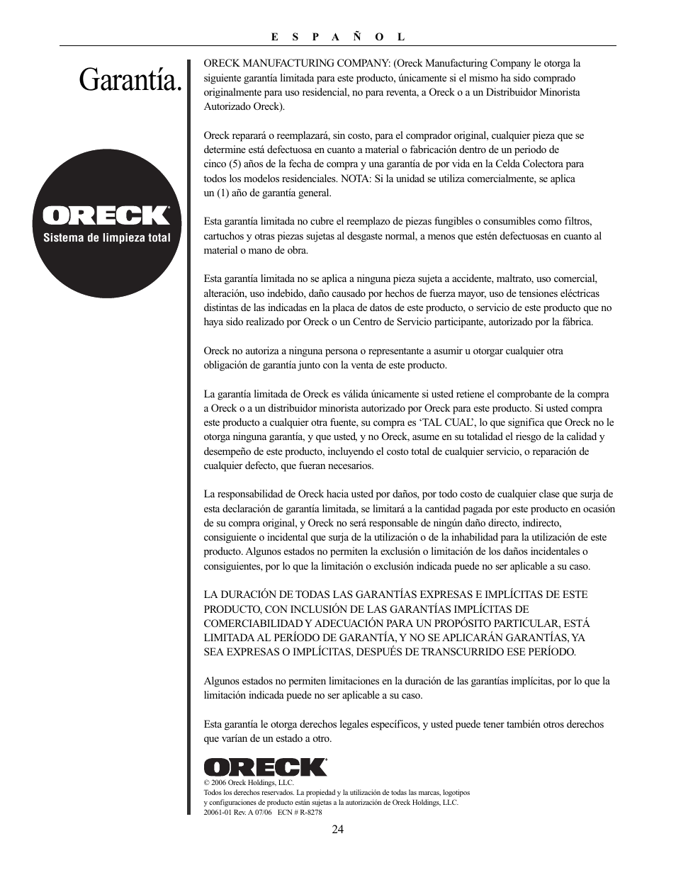 Garantía | Oreck XL Рrofessional air purifier AIRT Series User Manual | Page 24 / 24