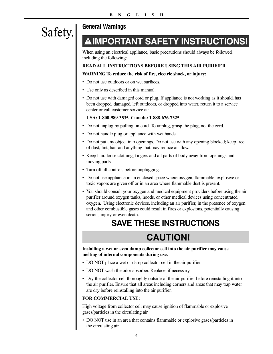 Safety, Important safety instructions! caution, Save these instructions | Oreck XL Рrofessional air purifier AIRT Series User Manual | Page 4 / 24