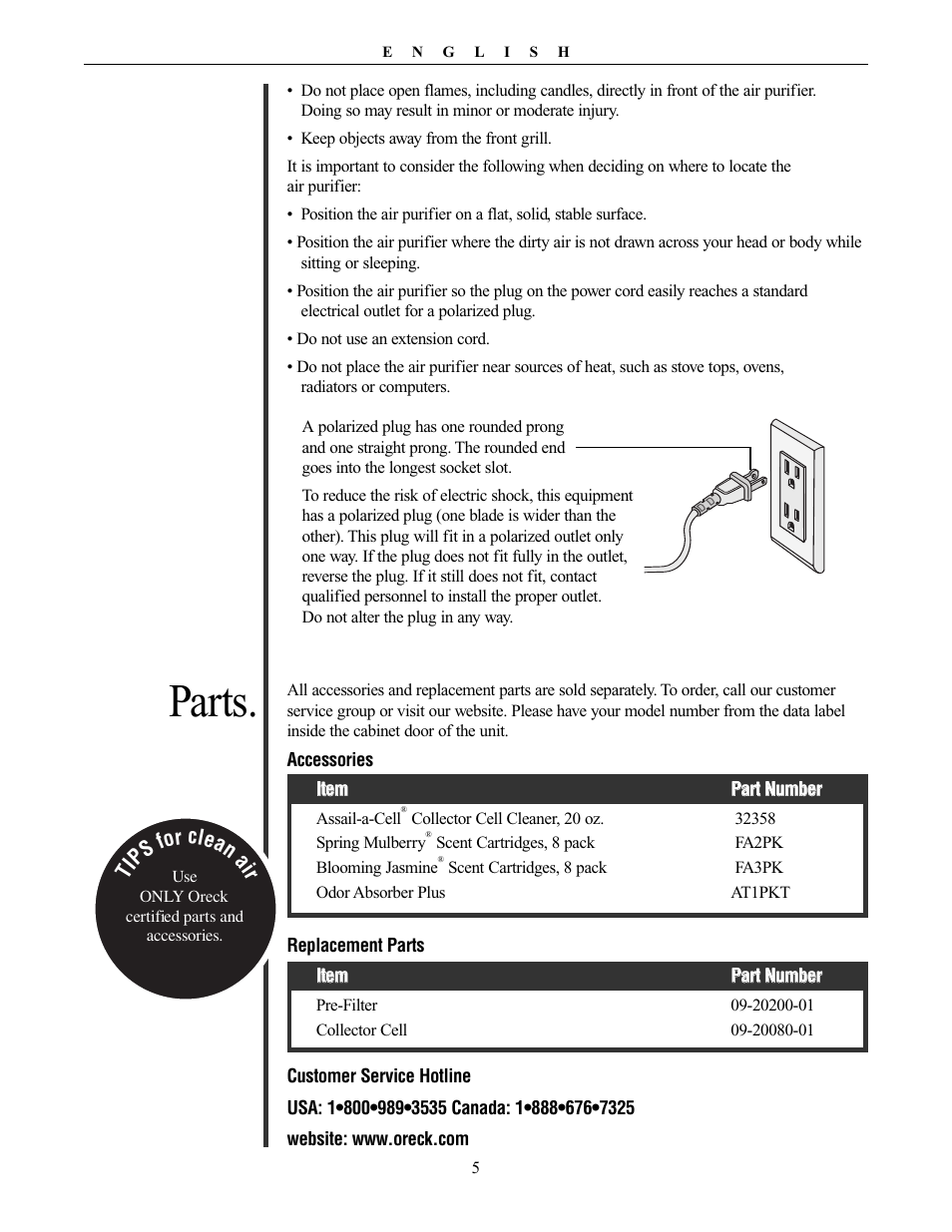 Parts, T ip s for clean a ir | Oreck XL Рrofessional air purifier AIRT Series User Manual | Page 5 / 24