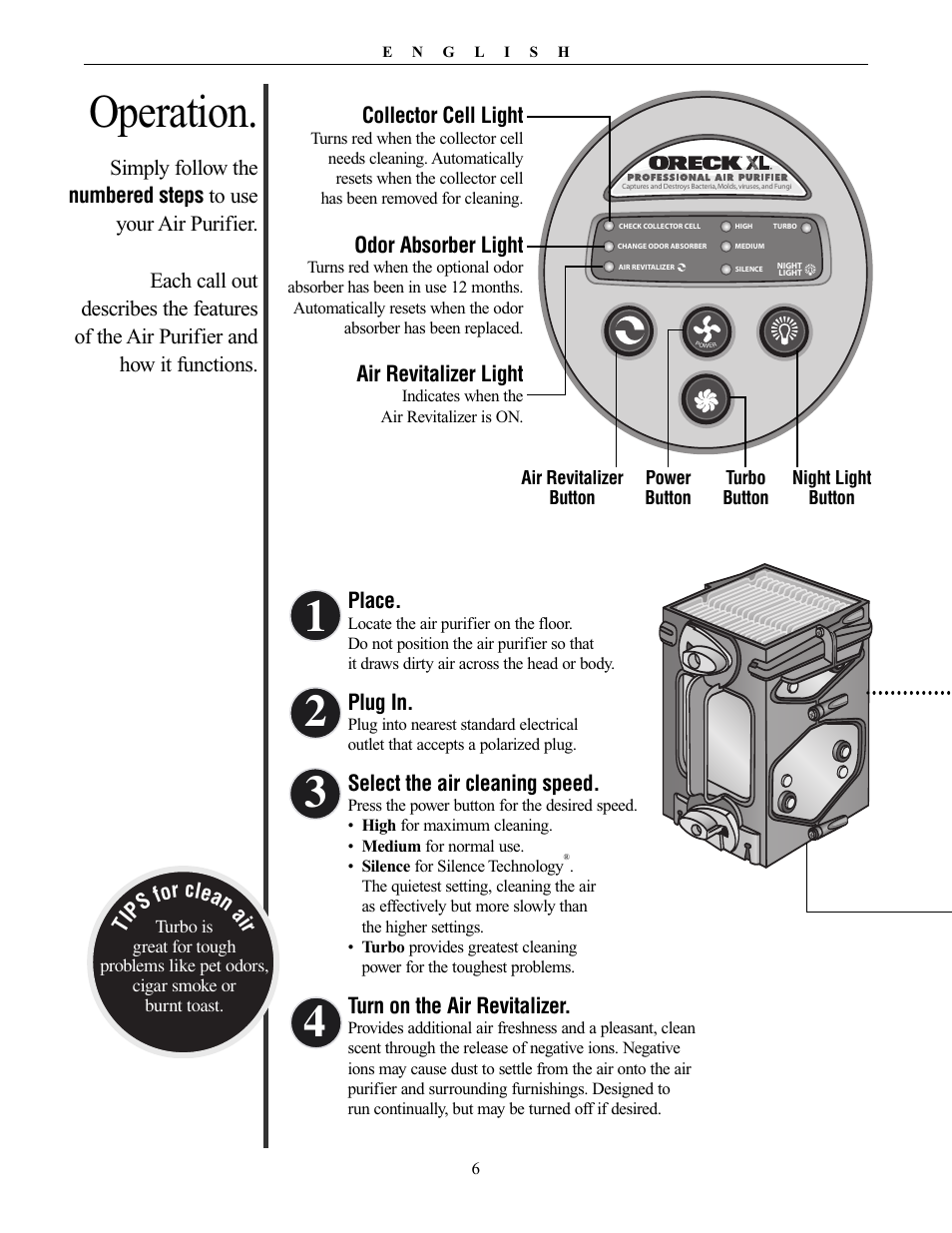 Operation | Oreck XL Рrofessional air purifier AIRT Series User Manual | Page 6 / 24