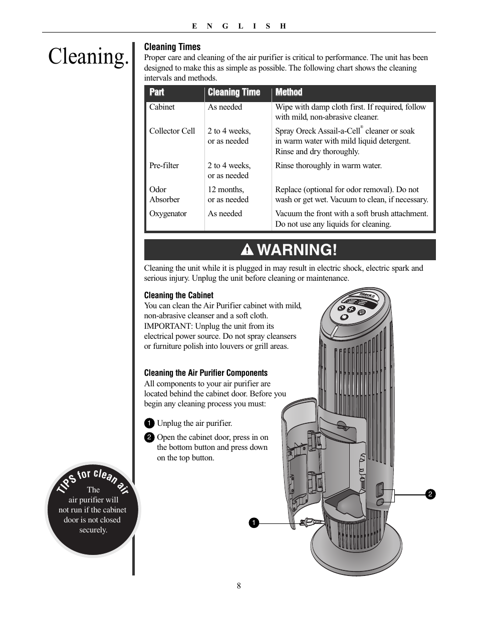 Cleaning, Warning, Tip s for clean ai r | Oreck XL Рrofessional air purifier AIRT Series User Manual | Page 8 / 24