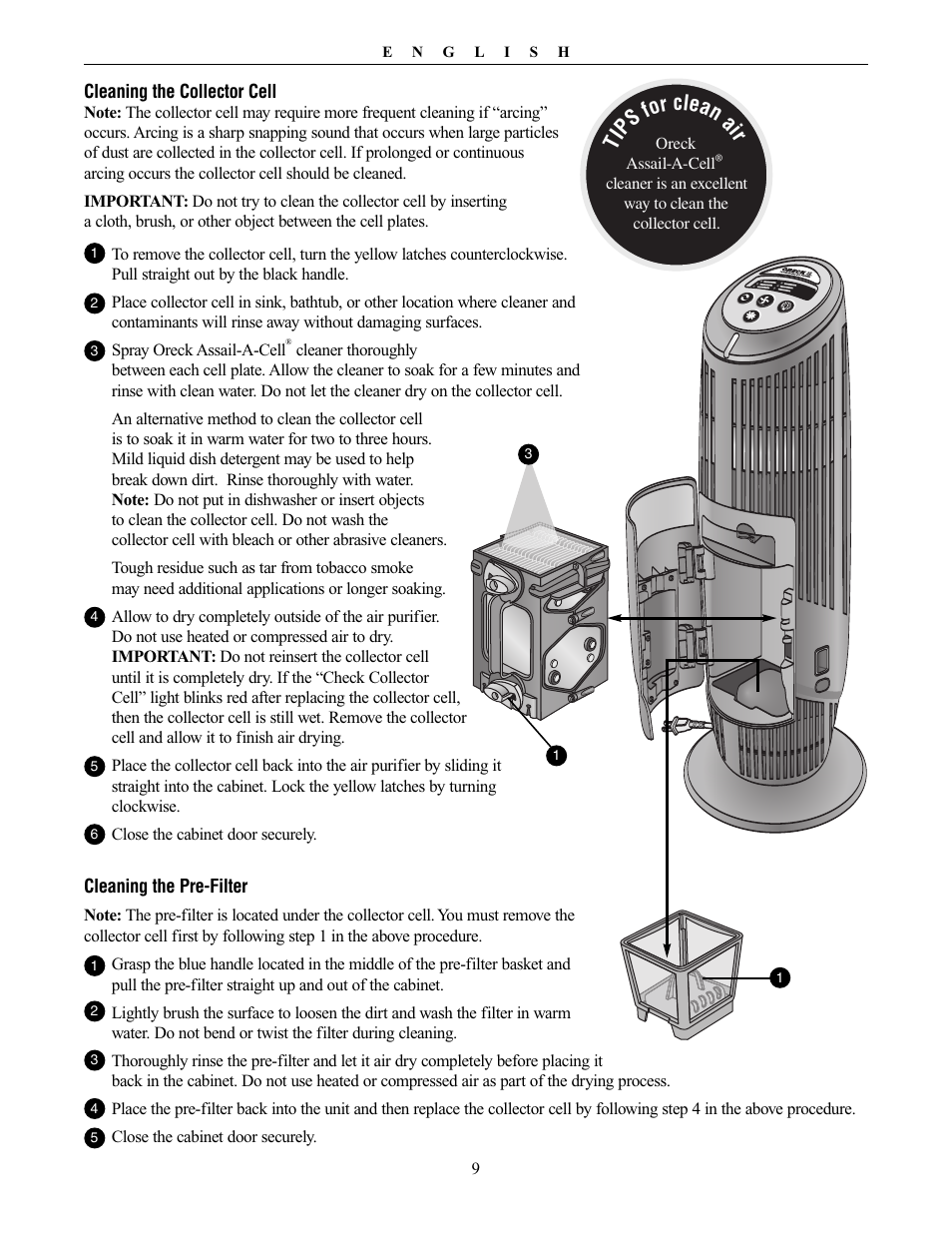 Tip s for clean a ir | Oreck XL Рrofessional air purifier AIRT Series User Manual | Page 9 / 24