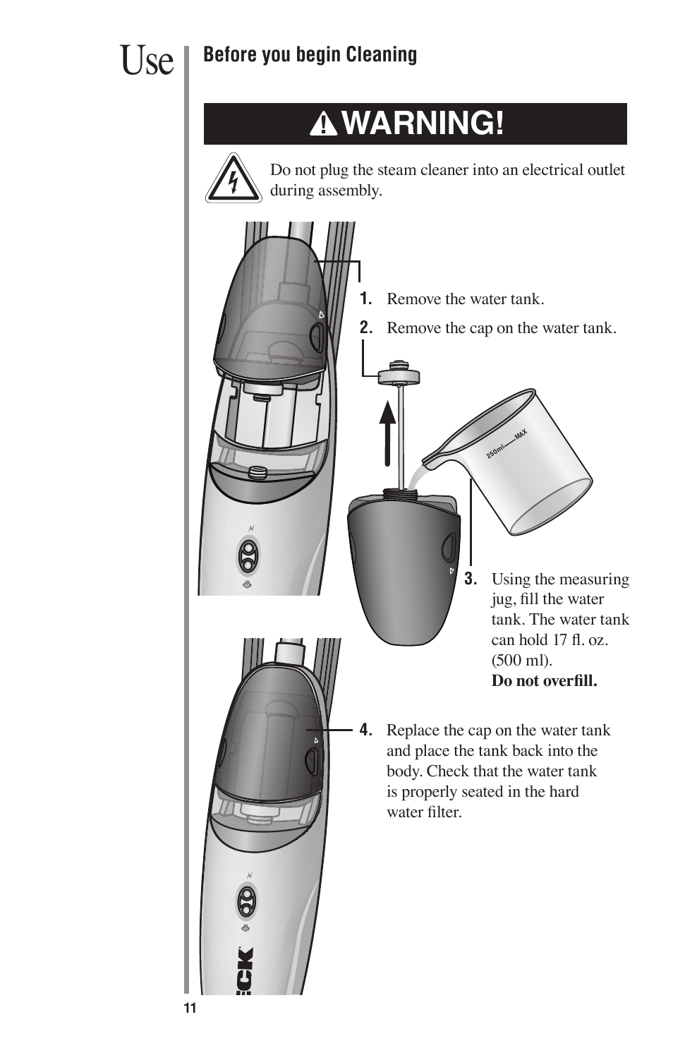 Warning, Before you begin cleaning | Oreck STEAM 75 User Manual | Page 11 / 24