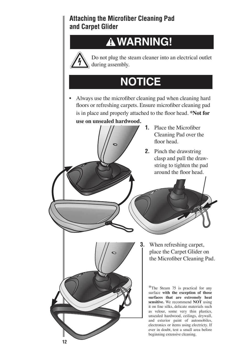 Warning, Notice | Oreck STEAM 75 User Manual | Page 12 / 24