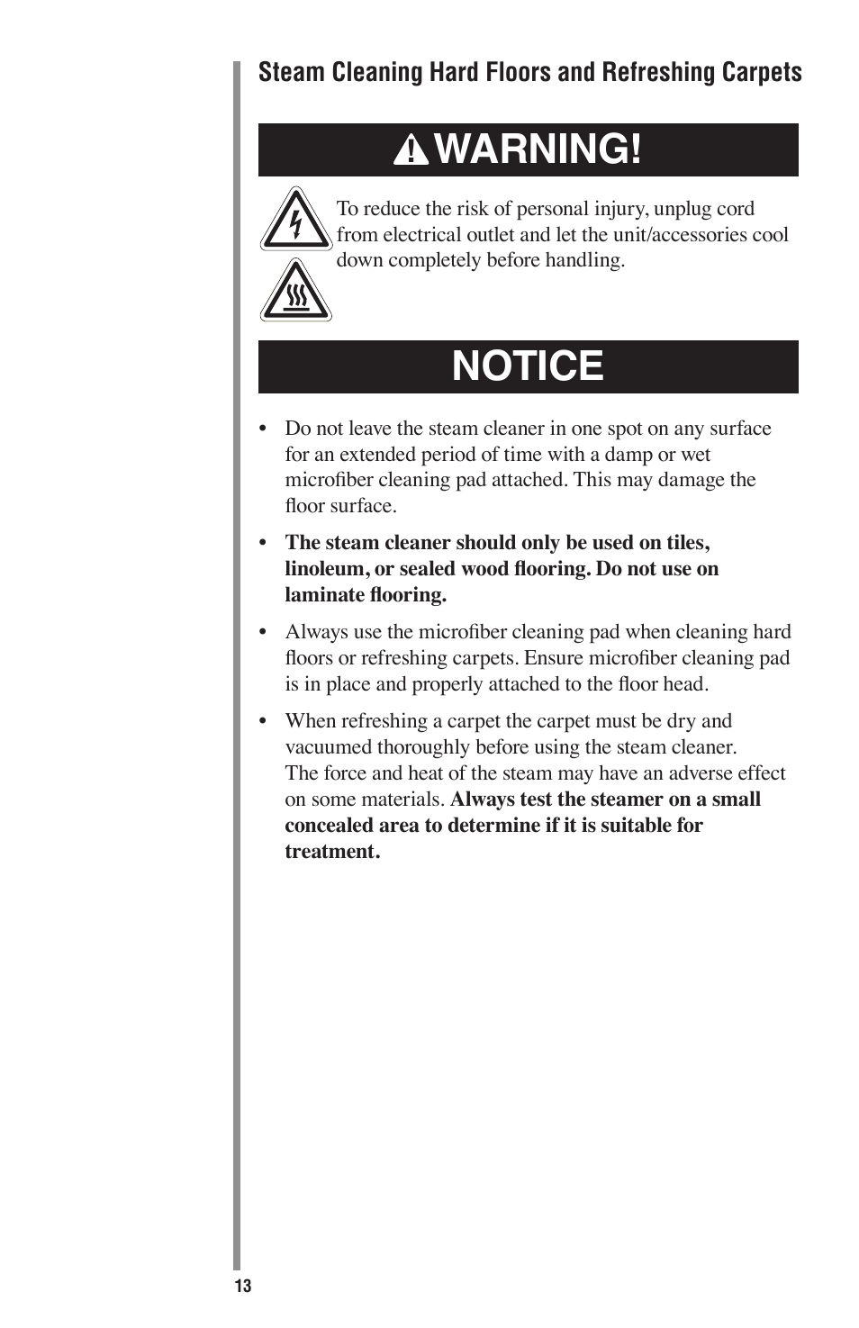 Warning, Notice | Oreck STEAM 75 User Manual | Page 13 / 24