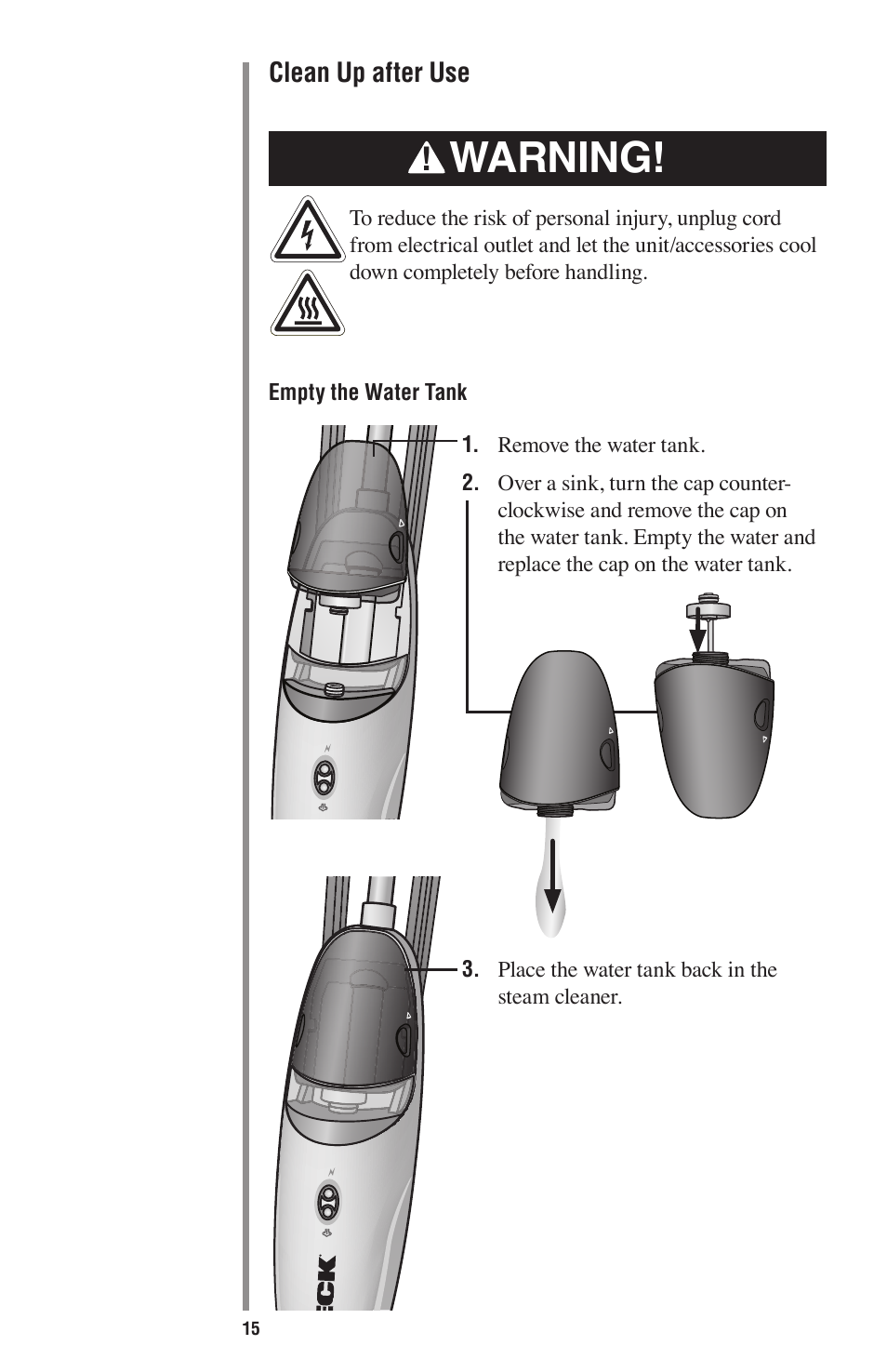Warning | Oreck STEAM 75 User Manual | Page 15 / 24