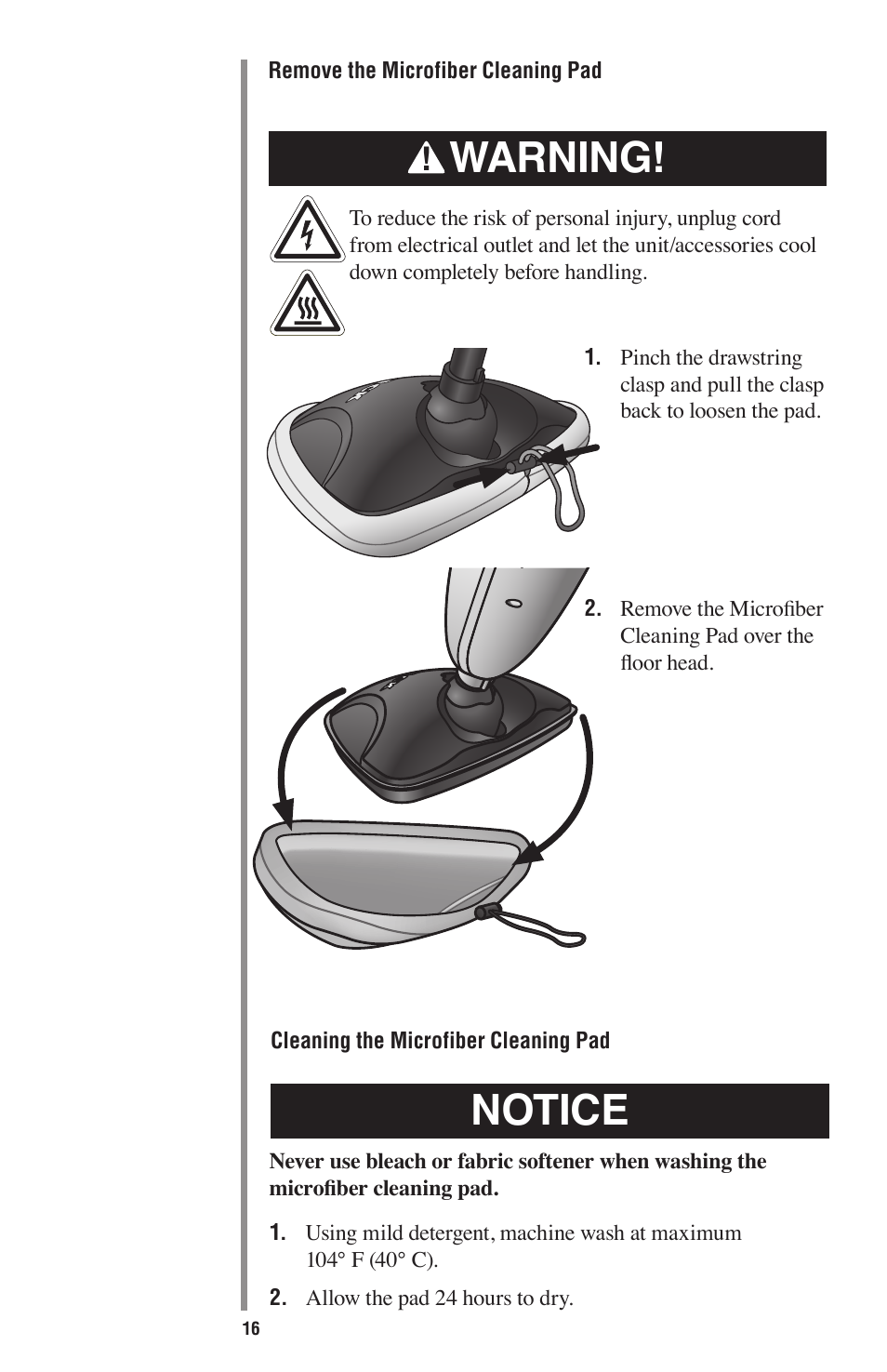 Warning, Notice | Oreck STEAM 75 User Manual | Page 16 / 24