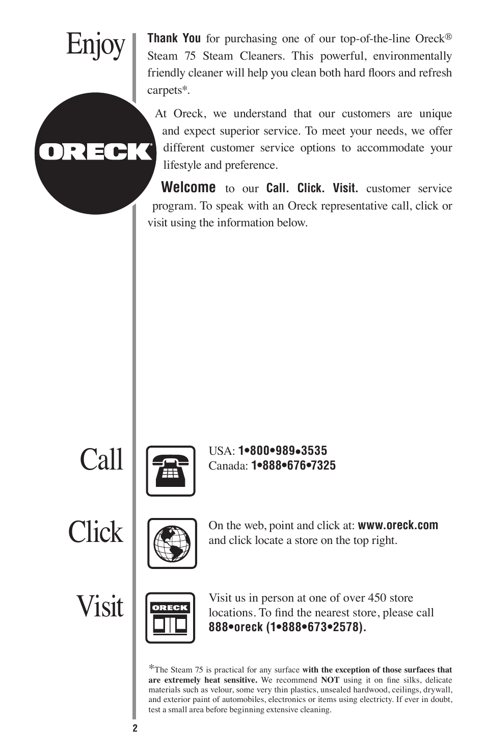 Enjoy click call visit, Other oreck accessories available at | Oreck STEAM 75 User Manual | Page 2 / 24
