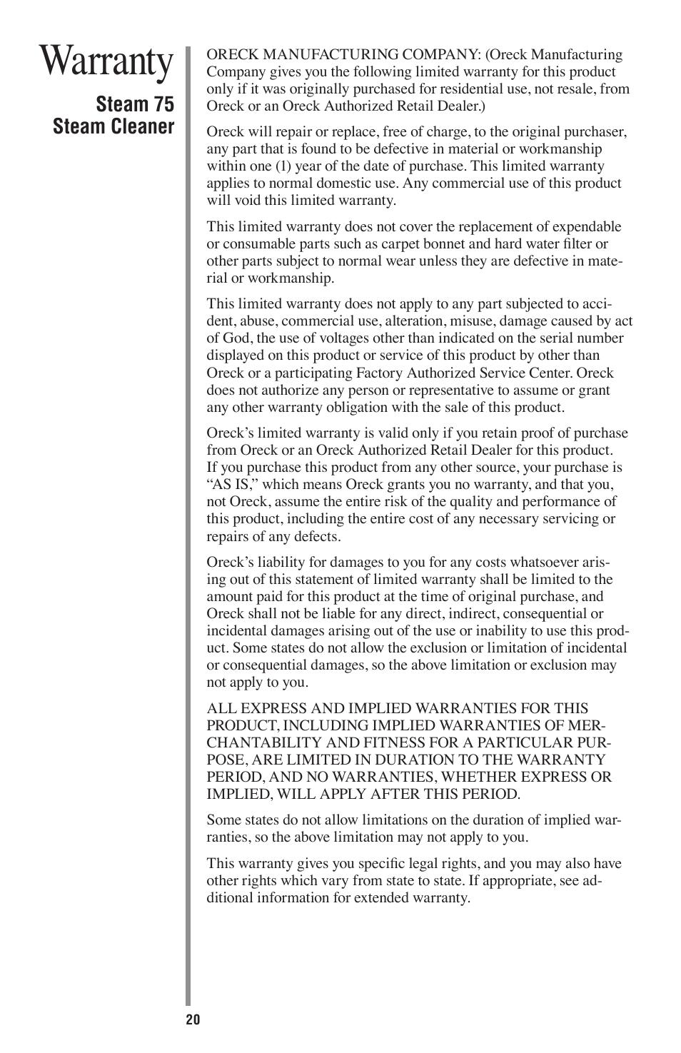 Warranty, Steam 75 steam cleaner | Oreck STEAM 75 User Manual | Page 20 / 24