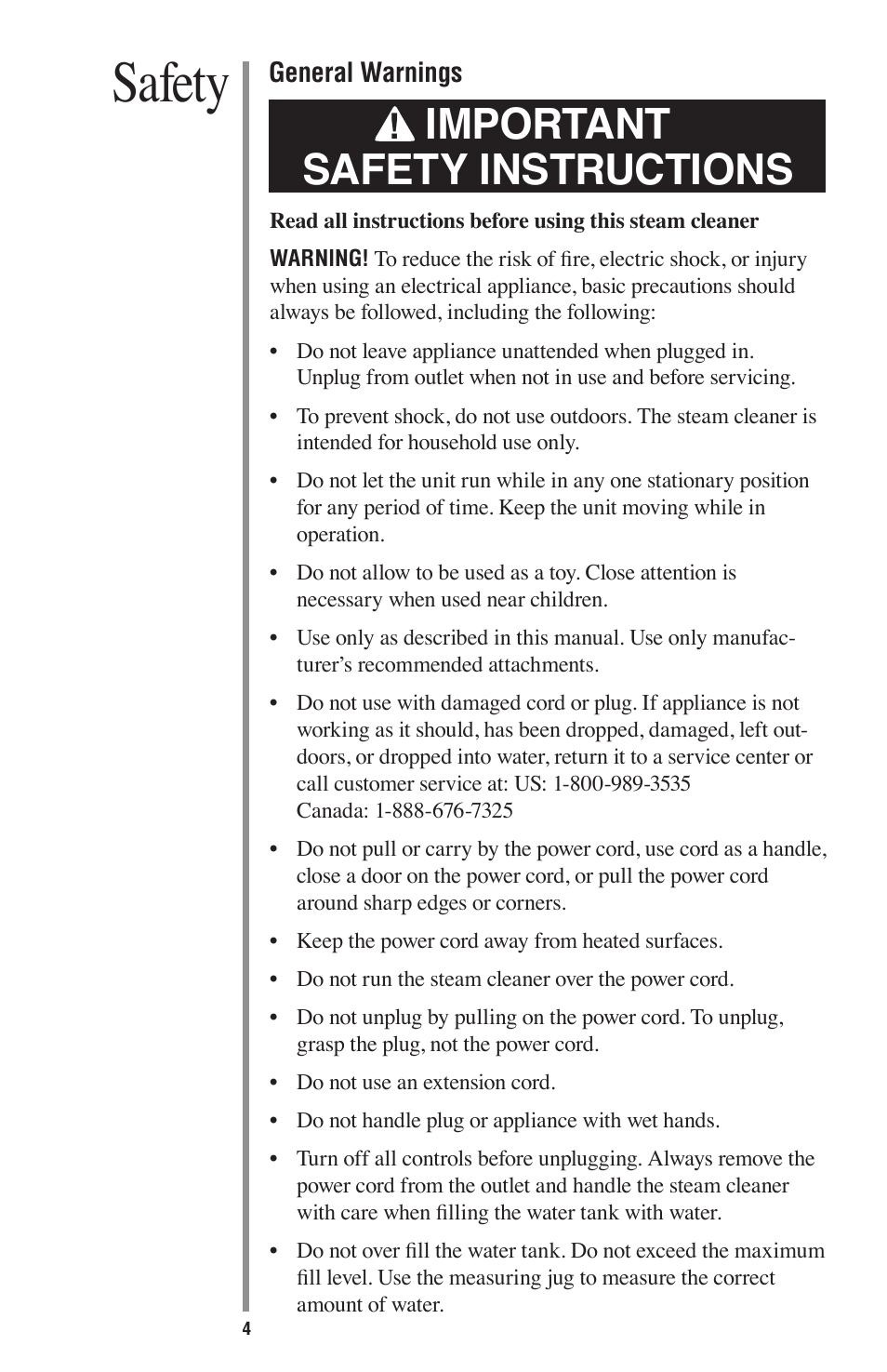 Safety, Important safety instructions | Oreck STEAM 75 User Manual | Page 4 / 24