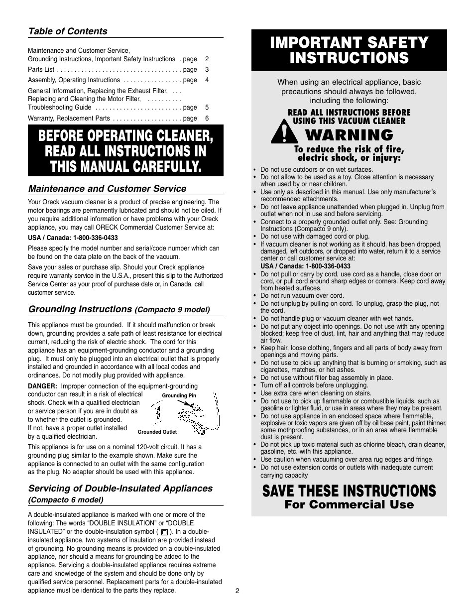 Save these instructions, Important safety instructions, Warning | For commercial use | Oreck 6 User Manual | Page 2 / 8