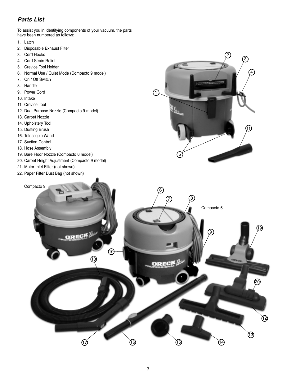 Parts list | Oreck 6 User Manual | Page 3 / 8