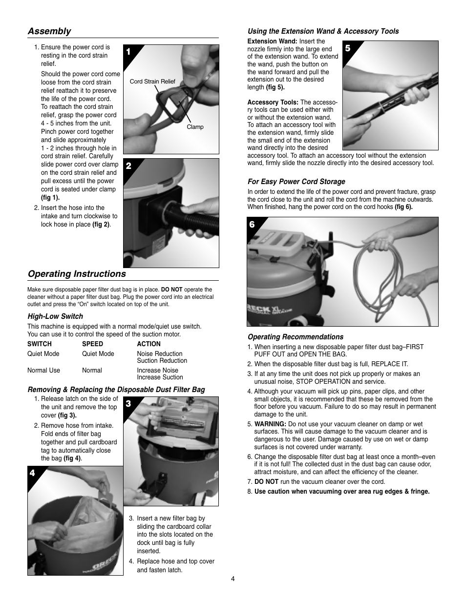Assembly, Operating instructions | Oreck 6 User Manual | Page 4 / 8