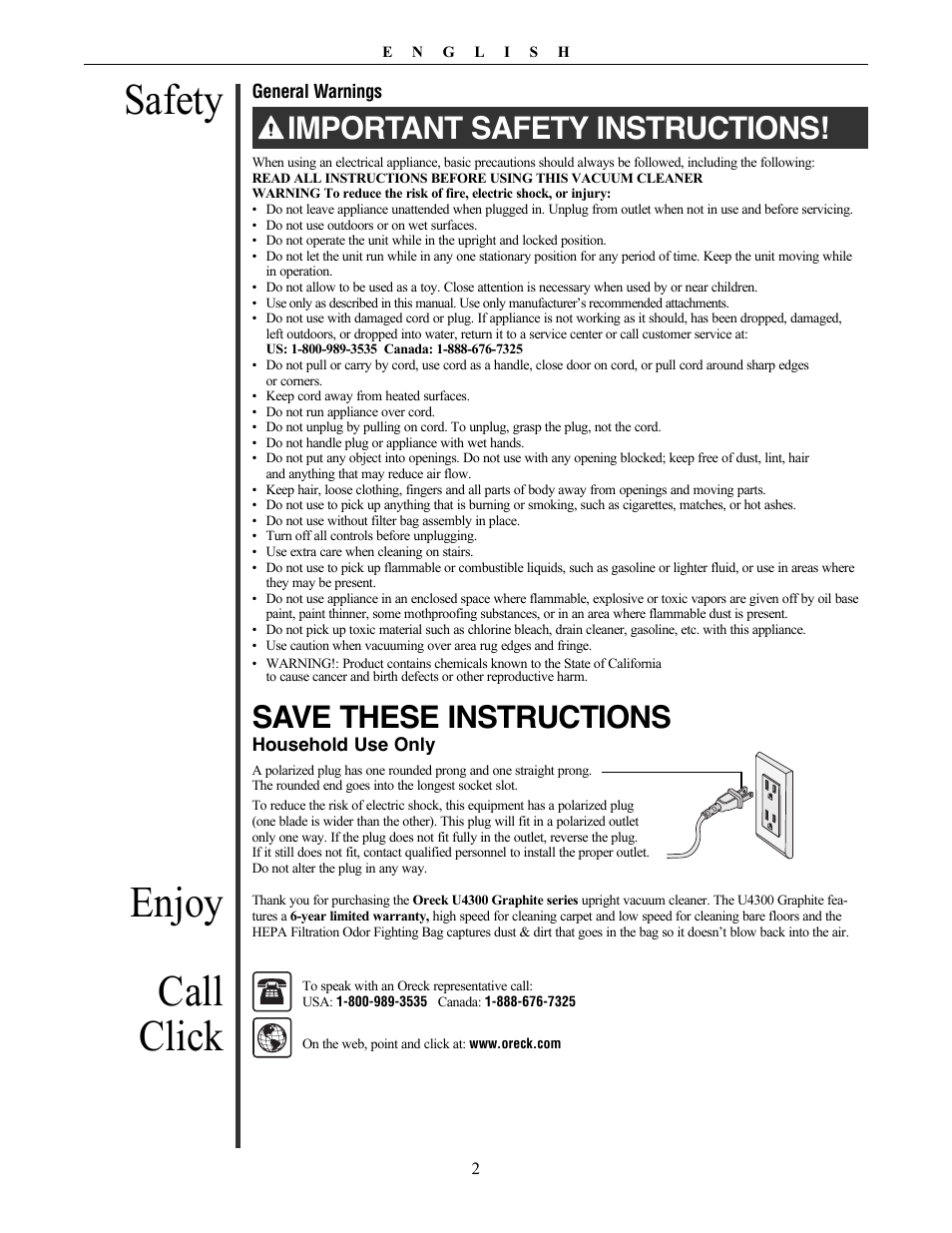 Safety, Enjoy call click, Important safety instructions | Save these instructions | Oreck Graphite Series Upright U4300 User Manual | Page 2 / 9