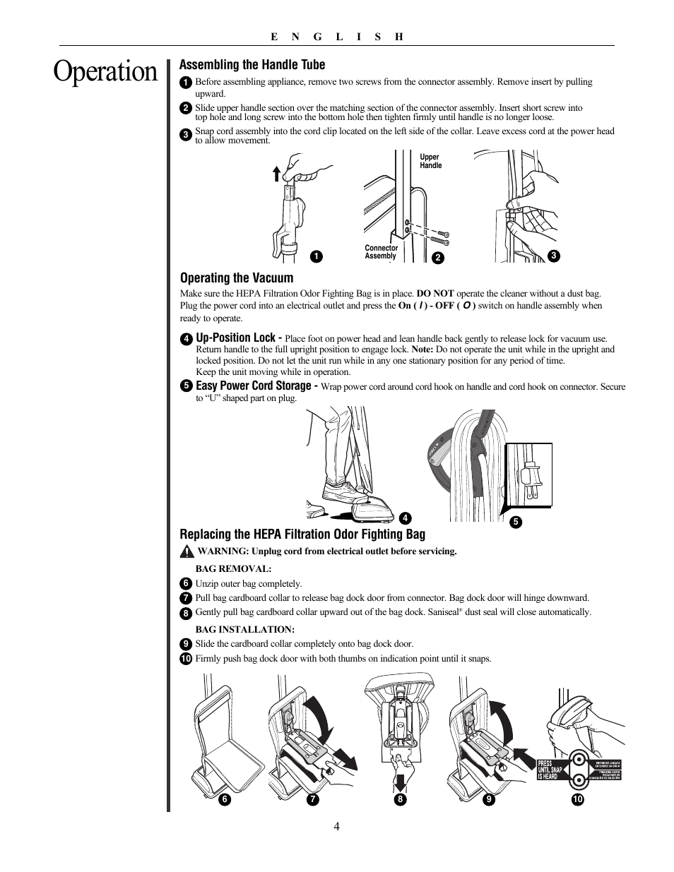 Operation, Assembling the handle tube, Operating the vacuum | Replacing the hepa filtration odor fighting bag | Oreck Graphite Series Upright U4300 User Manual | Page 4 / 9