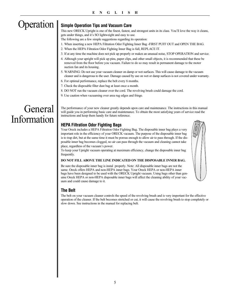 General information, Operation | Oreck Graphite Series Upright U4300 User Manual | Page 5 / 9