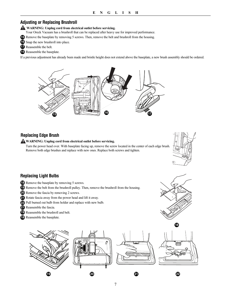 Replacing edge brush, Adjusting or replacing brushroll, Replacing light bulbs | Oreck Graphite Series Upright U4300 User Manual | Page 7 / 9