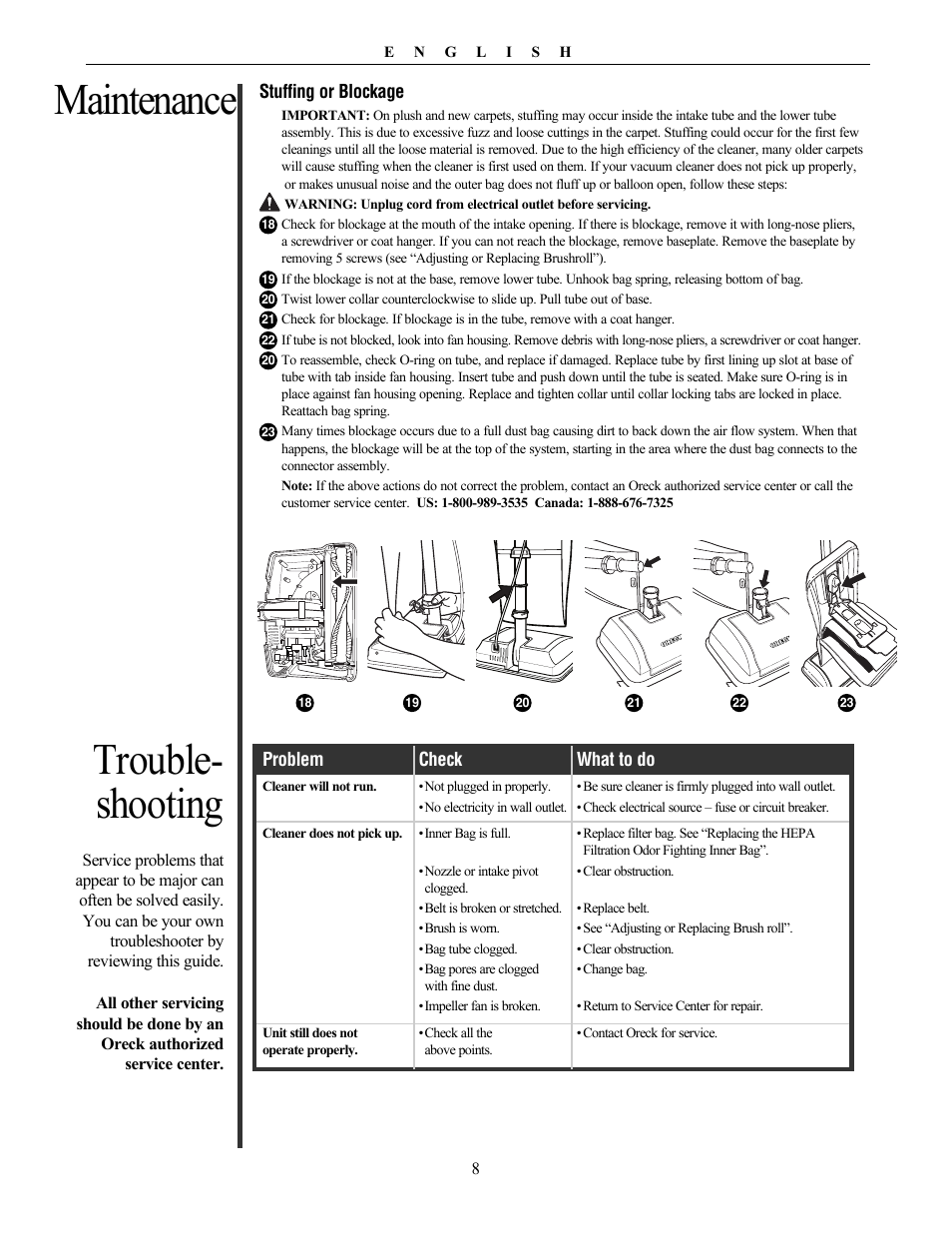 Maintenance, Trouble- shooting | Oreck Graphite Series Upright U4300 User Manual | Page 8 / 9